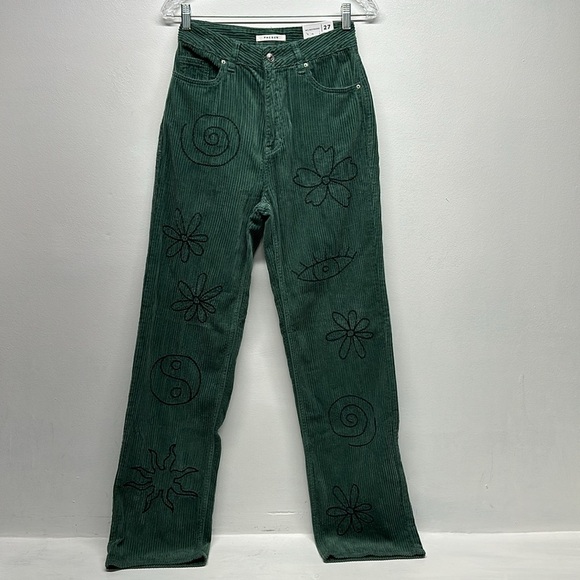 PacSun Corduroy Pants 90s Boyfriend Embroidered Floral Evil Eye Green New 27 - Picture 2 of 9